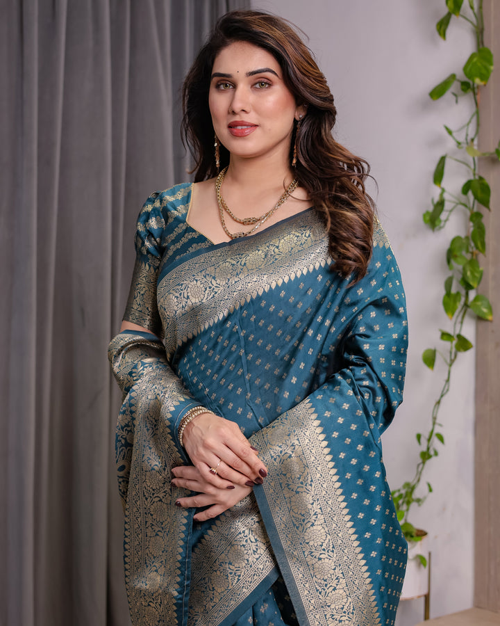 Teal Blue Pure Kanjivaram Silk Saree with Golden Zari Weaving & Brocade Floral Pallu | 5.5m Saree + 0.8m Blouse Piece