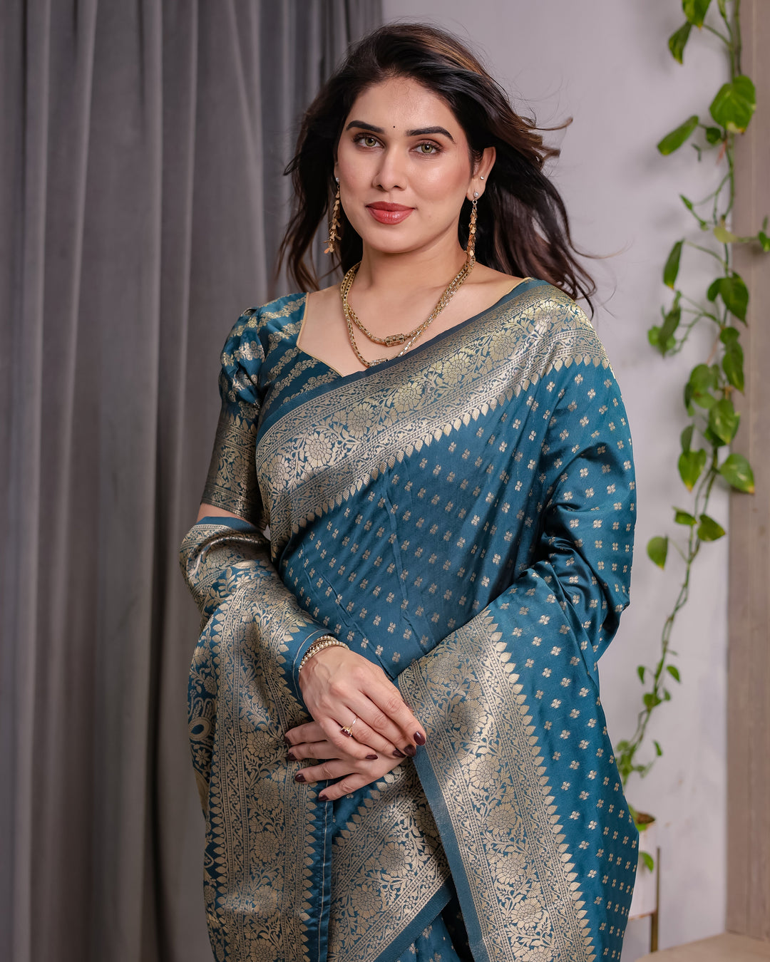 Teal Blue Pure Kanjivaram Silk Saree with Golden Zari Weaving & Brocade Floral Pallu | 5.5m Saree + 0.8m Blouse Piece