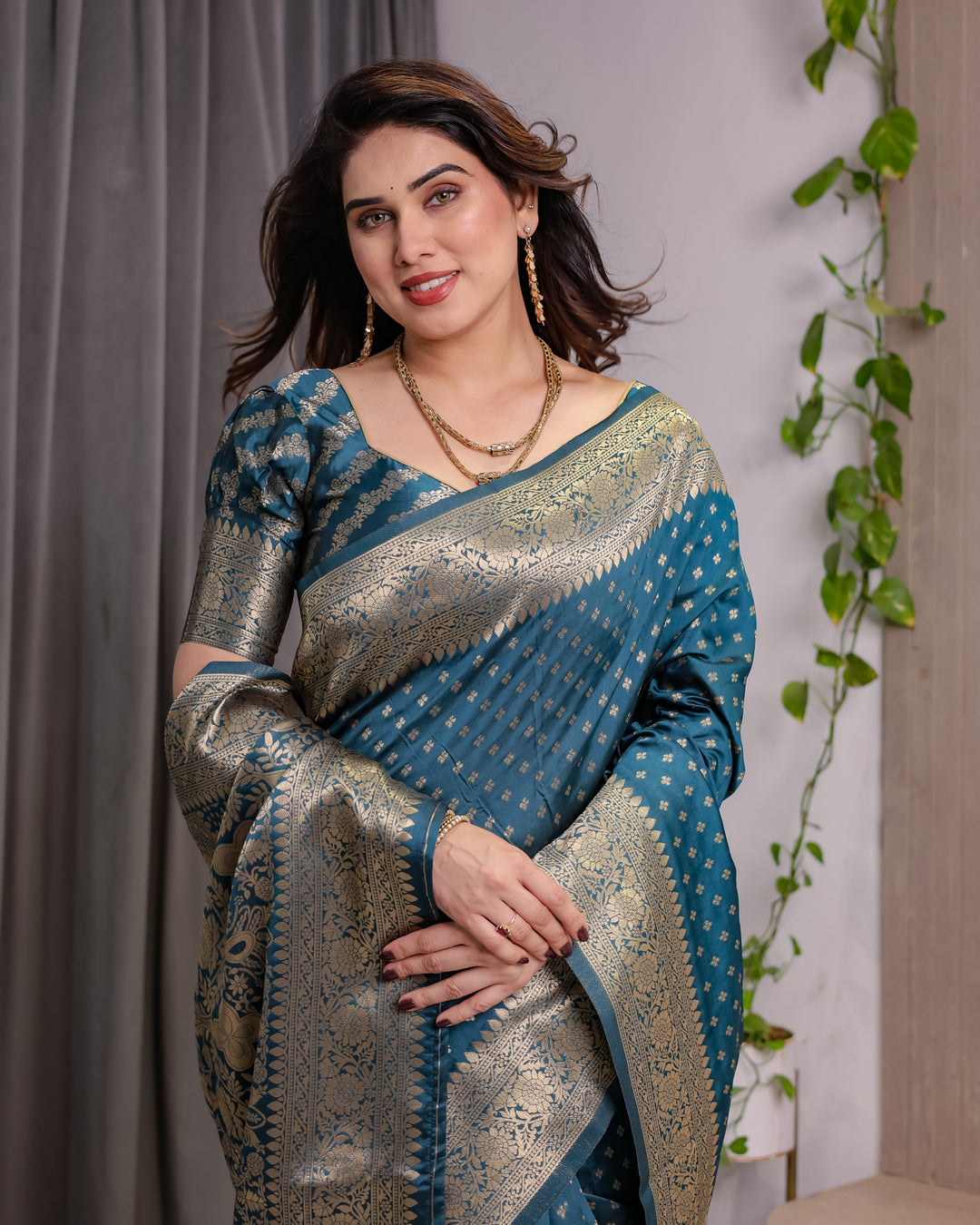 Teal Blue Pure Kanjivaram Silk Saree with Golden Zari Weaving & Brocade Floral Pallu | 5.5m Saree + 0.8m Blouse Piece