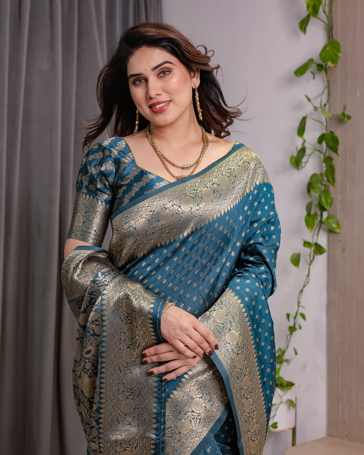 Teal Blue Pure Kanjivaram Silk Saree with Golden Zari Weaving & Brocade Floral Pallu | 5.5m Saree + 0.8m Blouse Piece