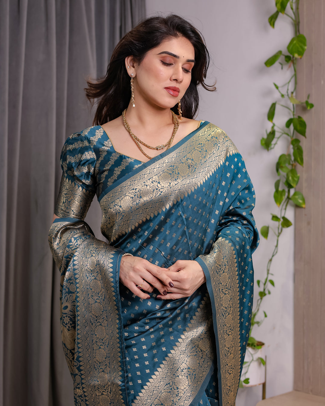 Teal Blue Pure Kanjivaram Silk Saree with Golden Zari Weaving & Brocade Floral Pallu | 5.5m Saree + 0.8m Blouse Piece