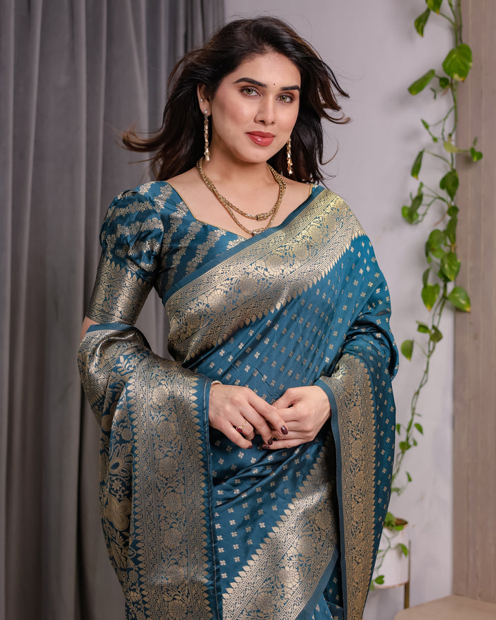 Teal Blue Pure Kanjivaram Silk Saree with Golden Zari Weaving & Brocade Floral Pallu | 5.5m Saree + 0.8m Blouse Piece