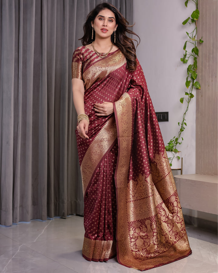 Maroon Pure Kanjivaram Silk Saree with All-Over Zari Buttas & Floral Brocade Pallu | 5.5m Saree + 0.8m Blouse Piece