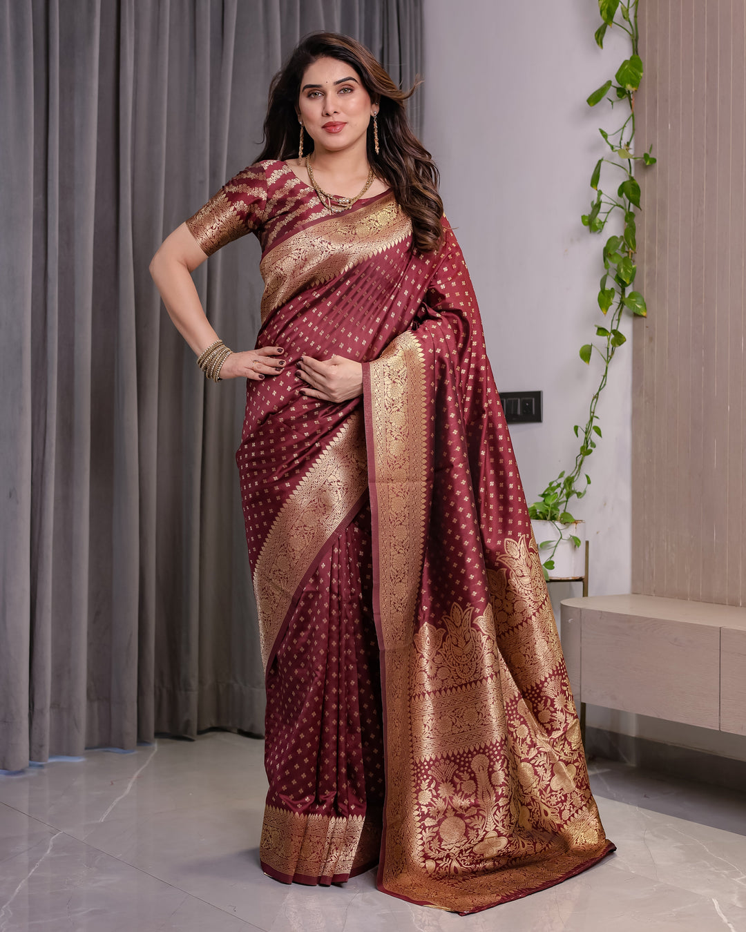 Maroon Pure Kanjivaram Silk Saree with All-Over Zari Buttas & Floral Brocade Pallu | 5.5m Saree + 0.8m Blouse Piece