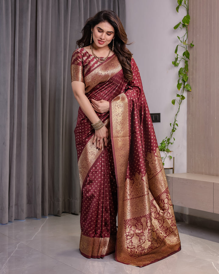 Maroon Pure Kanjivaram Silk Saree with All-Over Zari Buttas & Floral Brocade Pallu | 5.5m Saree + 0.8m Blouse Piece