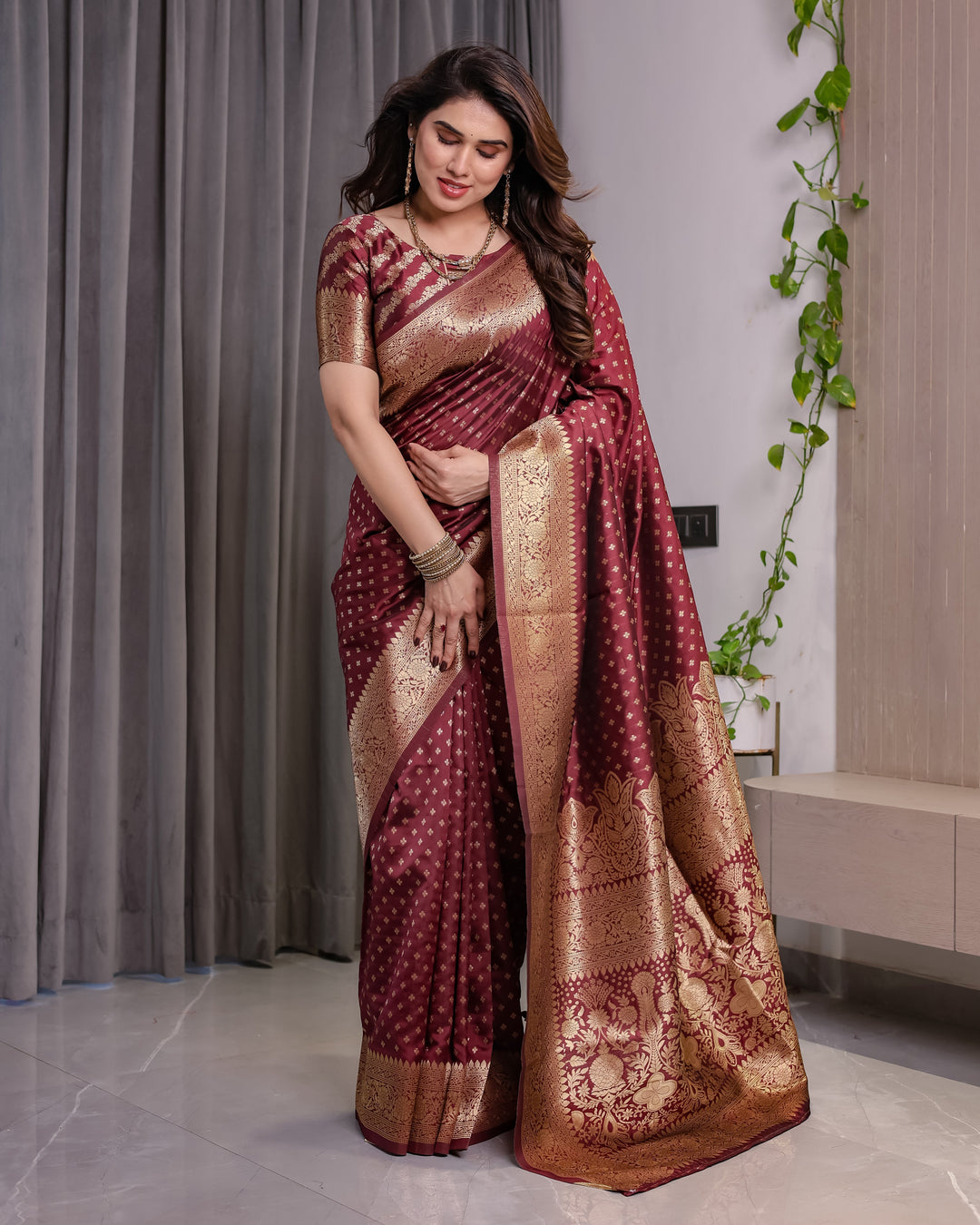 Maroon Pure Kanjivaram Silk Saree with All-Over Zari Buttas & Floral Brocade Pallu | 5.5m Saree + 0.8m Blouse Piece