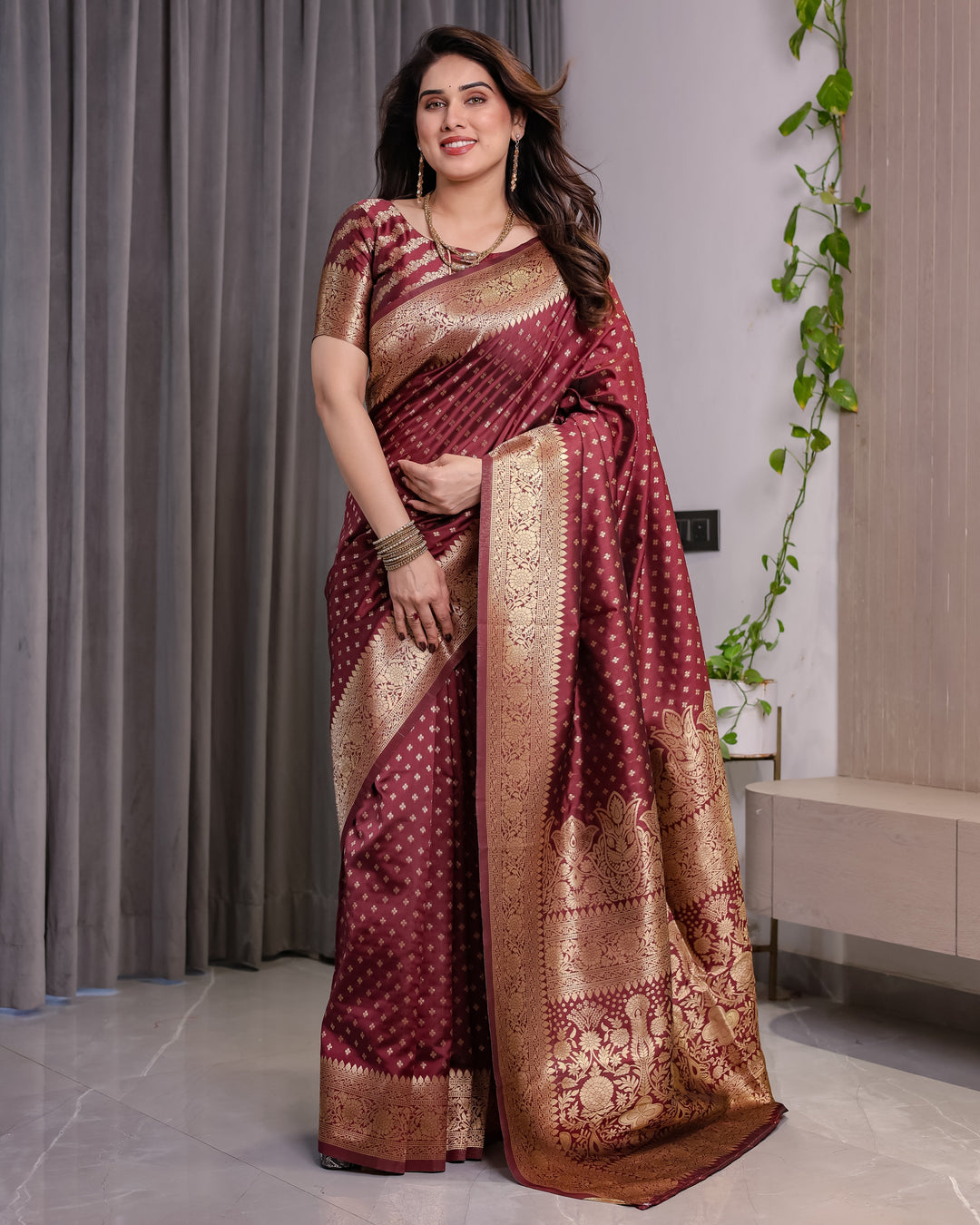 Maroon Pure Kanjivaram Silk Saree with All-Over Zari Buttas & Floral Brocade Pallu | 5.5m Saree + 0.8m Blouse Piece