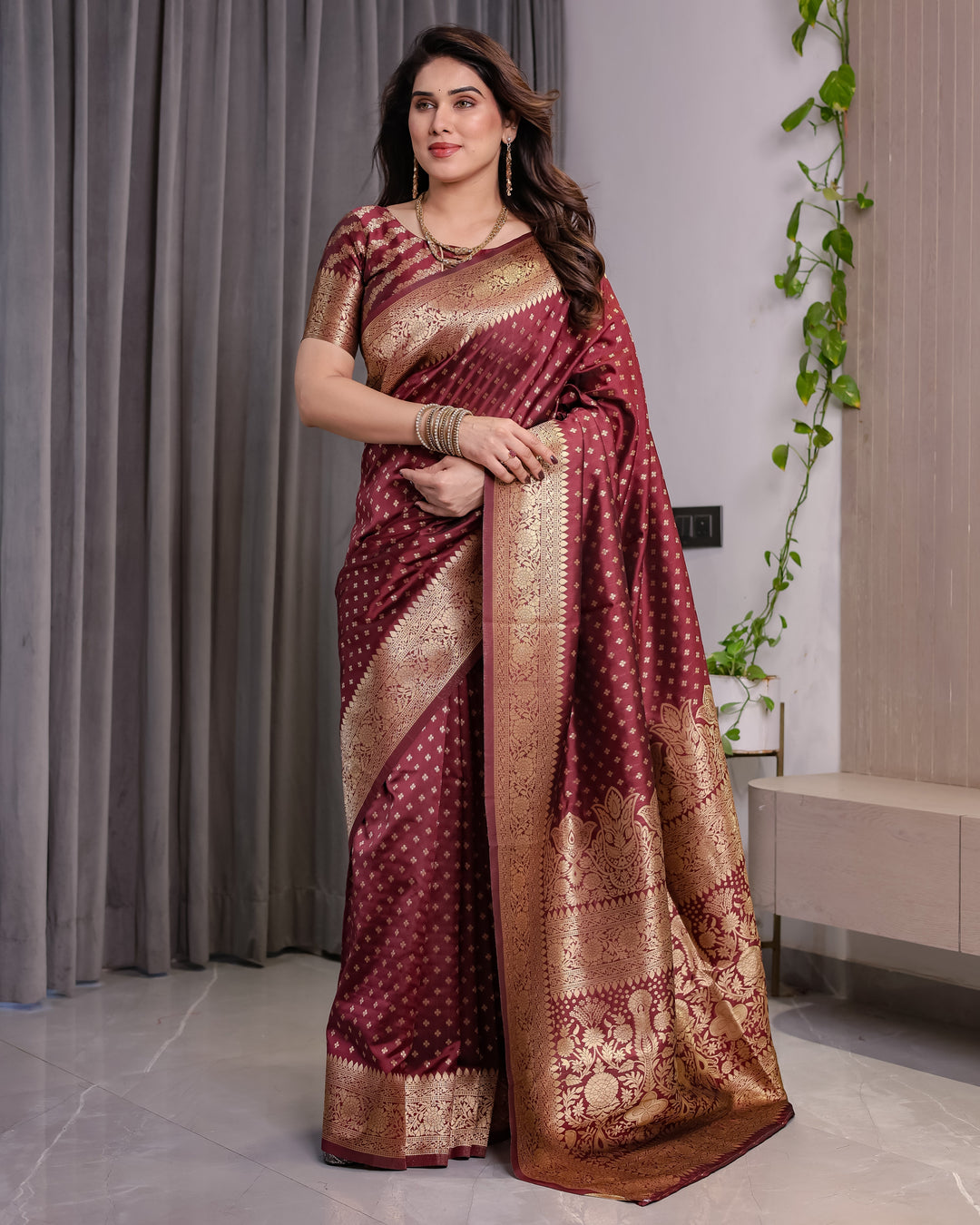 Maroon Pure Kanjivaram Silk Saree with All-Over Zari Buttas & Floral Brocade Pallu | 5.5m Saree + 0.8m Blouse Piece