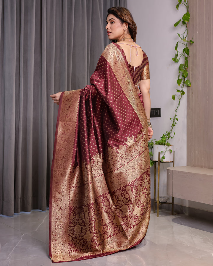 Maroon Pure Kanjivaram Silk Saree with All-Over Zari Buttas & Floral Brocade Pallu | 5.5m Saree + 0.8m Blouse Piece