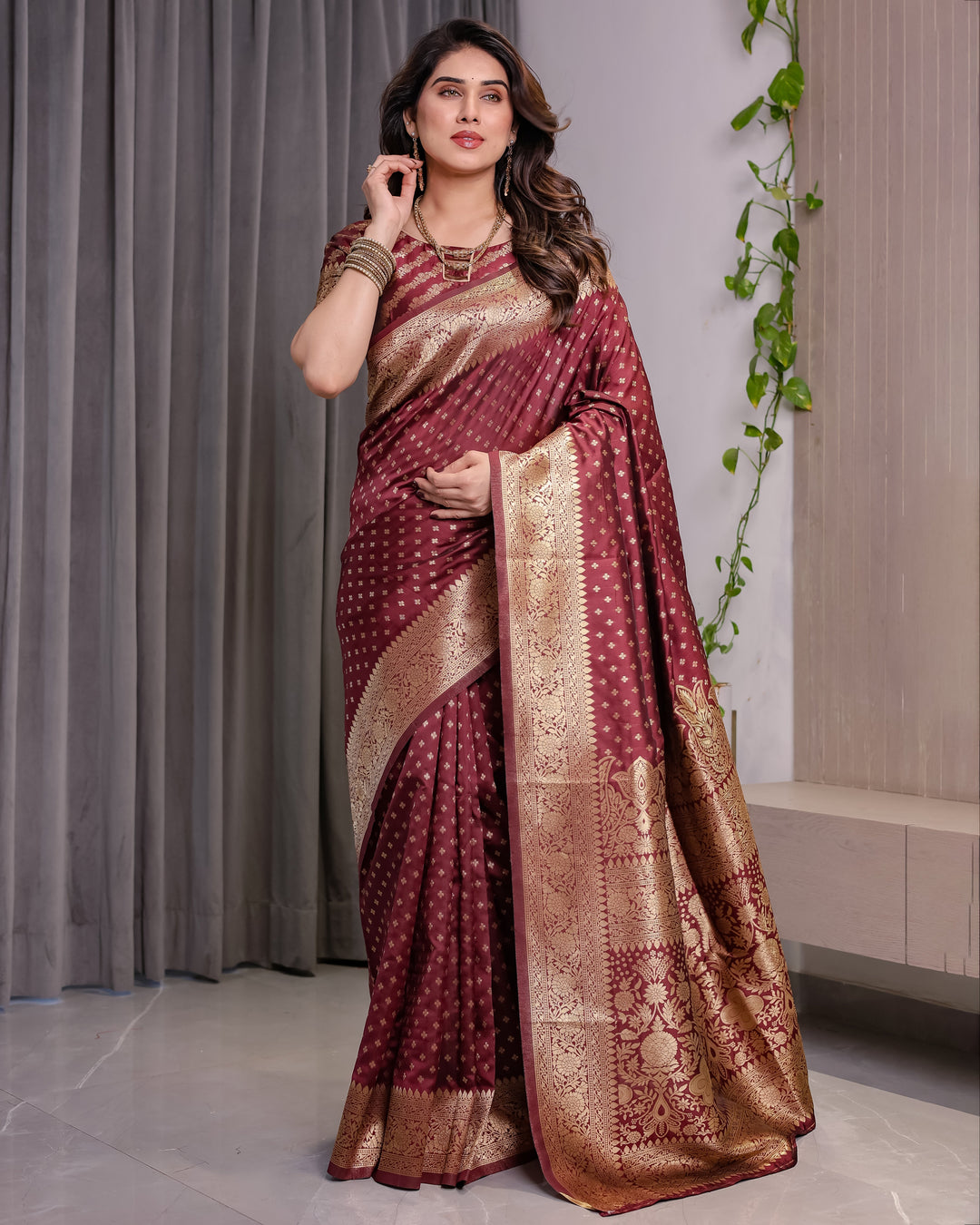 Maroon Pure Kanjivaram Silk Saree with All-Over Zari Buttas & Floral Brocade Pallu | 5.5m Saree + 0.8m Blouse Piece