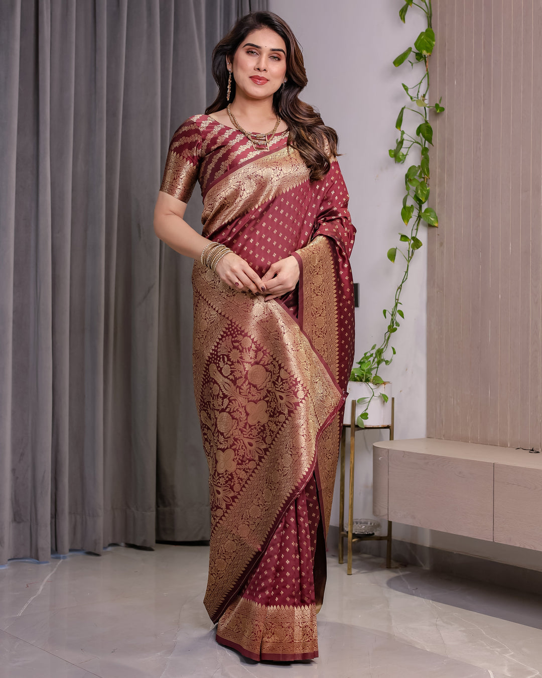 Maroon Pure Kanjivaram Silk Saree with All-Over Zari Buttas & Floral Brocade Pallu | 5.5m Saree + 0.8m Blouse Piece