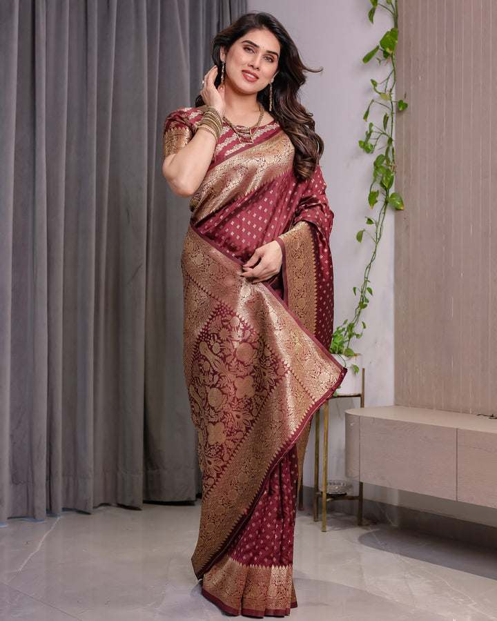 Maroon Pure Kanjivaram Silk Saree with All-Over Zari Buttas & Floral Brocade Pallu | 5.5m Saree + 0.8m Blouse Piece