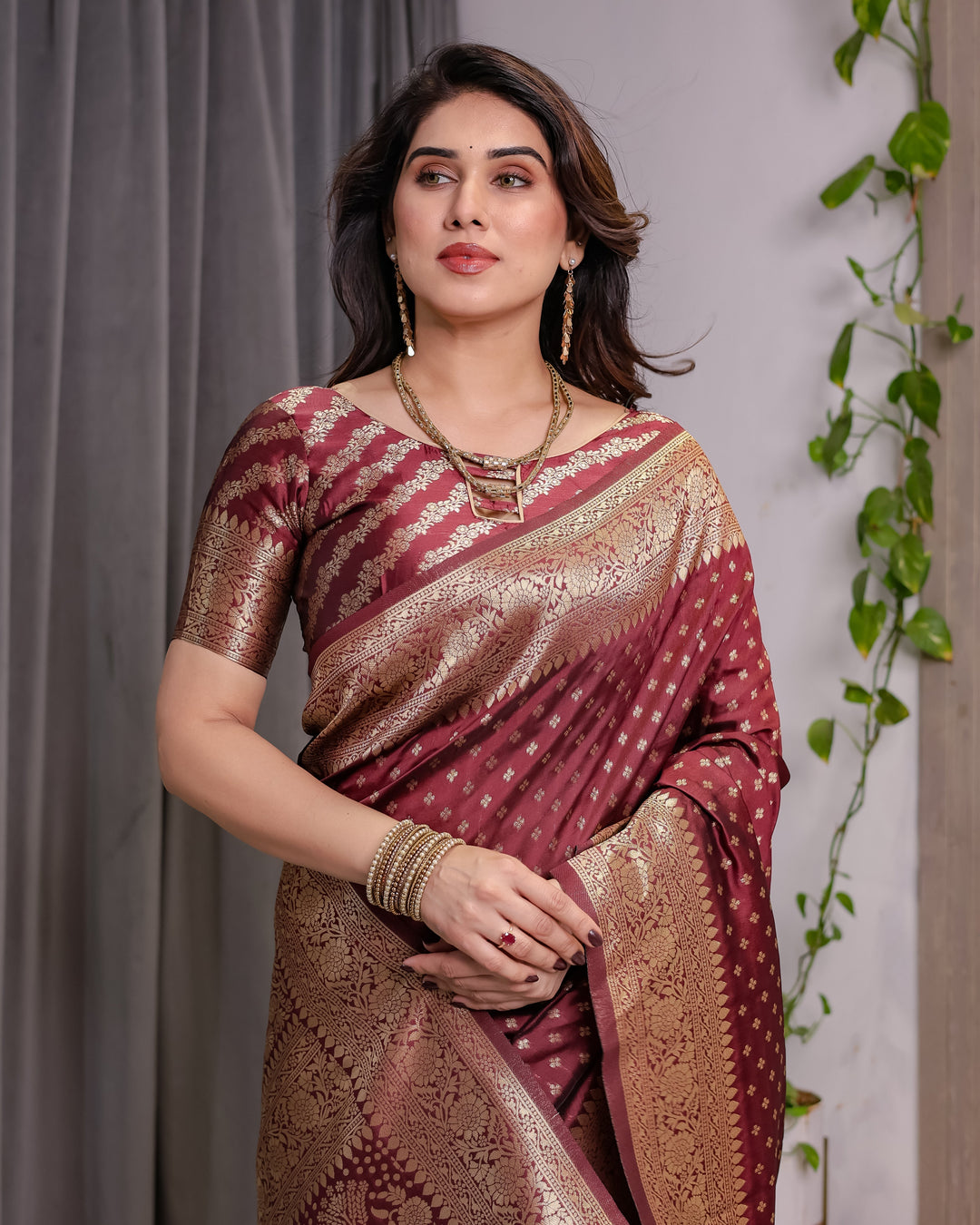Maroon Pure Kanjivaram Silk Saree with All-Over Zari Buttas & Floral Brocade Pallu | 5.5m Saree + 0.8m Blouse Piece