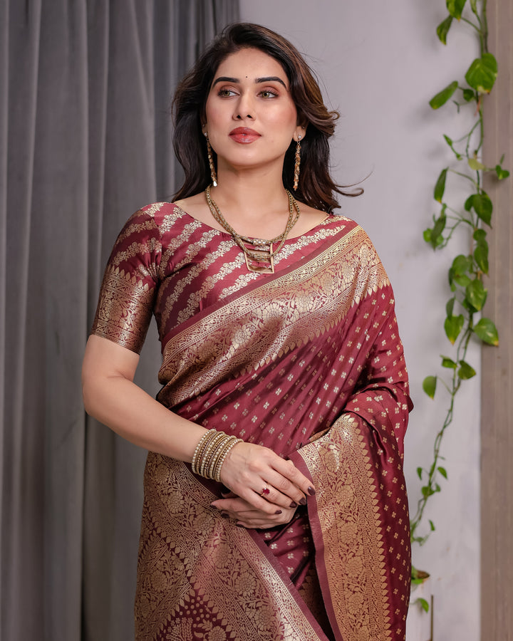 Maroon Pure Kanjivaram Silk Saree with All-Over Zari Buttas & Floral Brocade Pallu | 5.5m Saree + 0.8m Blouse Piece