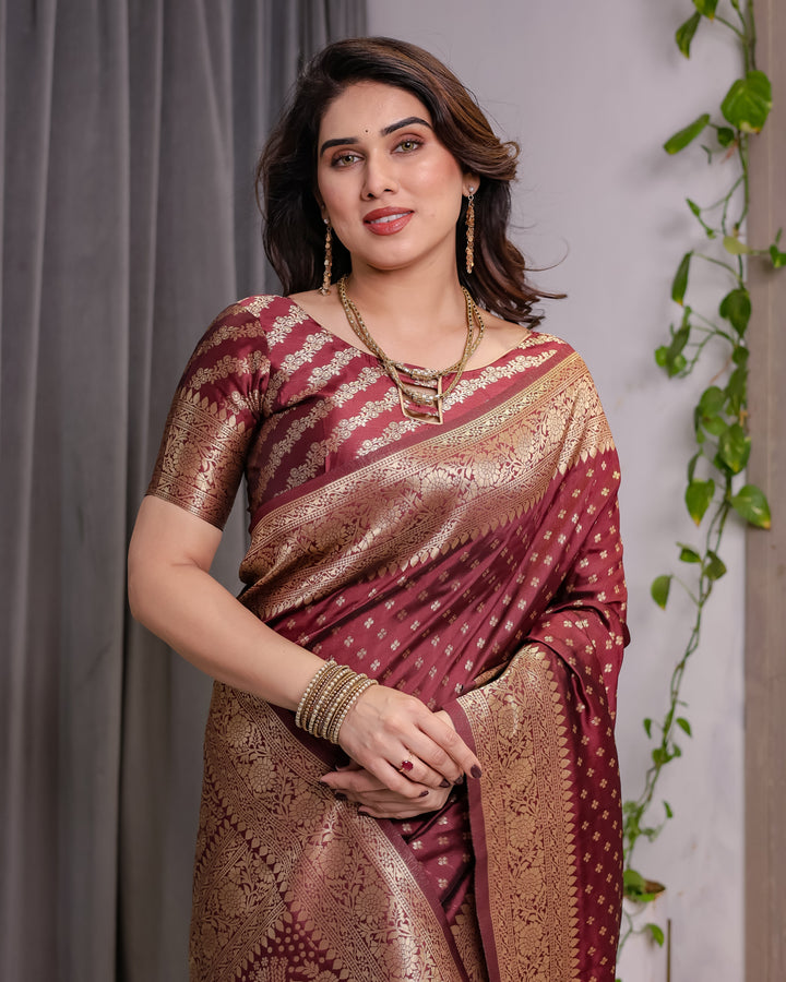 Maroon Pure Kanjivaram Silk Saree with All-Over Zari Buttas & Floral Brocade Pallu | 5.5m Saree + 0.8m Blouse Piece