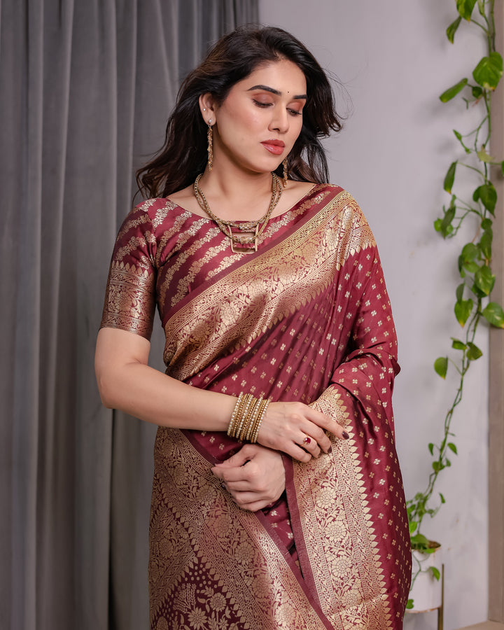 Maroon Pure Kanjivaram Silk Saree with All-Over Zari Buttas & Floral Brocade Pallu | 5.5m Saree + 0.8m Blouse Piece