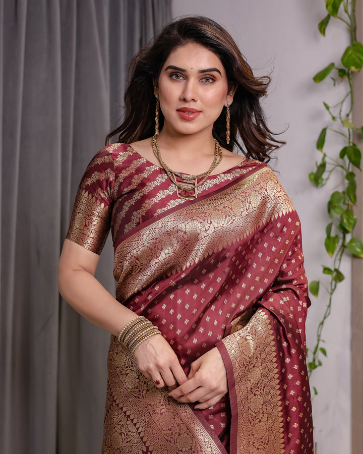 Maroon Pure Kanjivaram Silk Saree with All-Over Zari Buttas & Floral Brocade Pallu | 5.5m Saree + 0.8m Blouse Piece