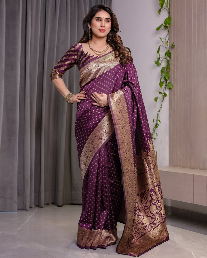 Royal Purple Pure Kanjivaram Silk Saree with Golden Zari Buttas & Rich Brocade Pallu | 5.5m Saree + 0.8m Designer Blouse Piece