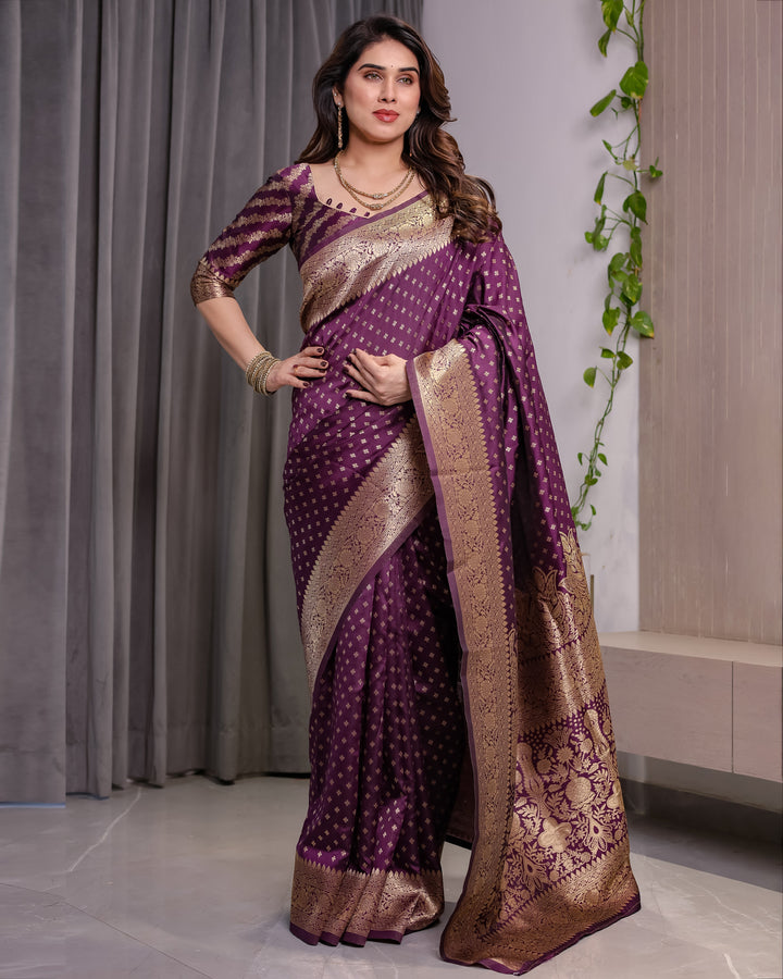 Royal Purple Pure Kanjivaram Silk Saree with Golden Zari Buttas & Rich Brocade Pallu | 5.5m Saree + 0.8m Designer Blouse Piece