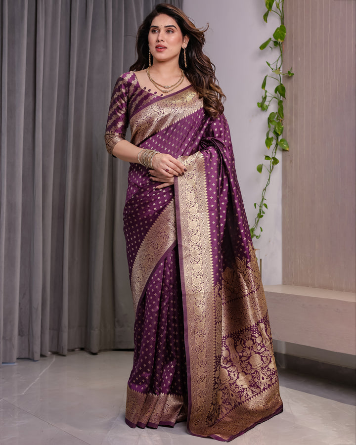 Royal Purple Pure Kanjivaram Silk Saree with Golden Zari Buttas & Rich Brocade Pallu | 5.5m Saree + 0.8m Designer Blouse Piece