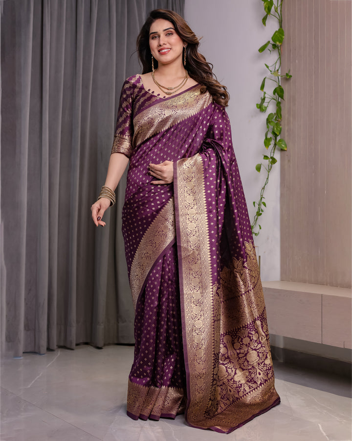Royal Purple Pure Kanjivaram Silk Saree with Golden Zari Buttas & Rich Brocade Pallu | 5.5m Saree + 0.8m Designer Blouse Piece