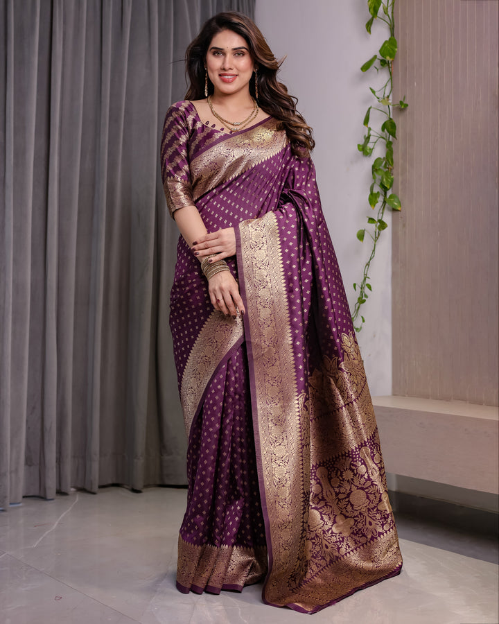 Royal Purple Pure Kanjivaram Silk Saree with Golden Zari Buttas & Rich Brocade Pallu | 5.5m Saree + 0.8m Designer Blouse Piece