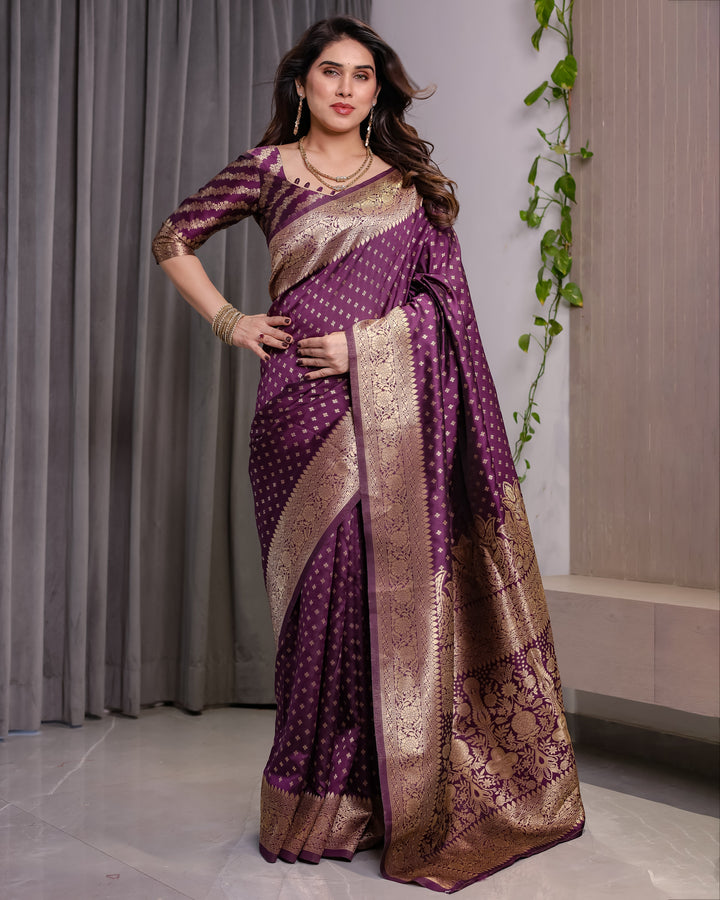 Royal Purple Pure Kanjivaram Silk Saree with Golden Zari Buttas & Rich Brocade Pallu | 5.5m Saree + 0.8m Designer Blouse Piece