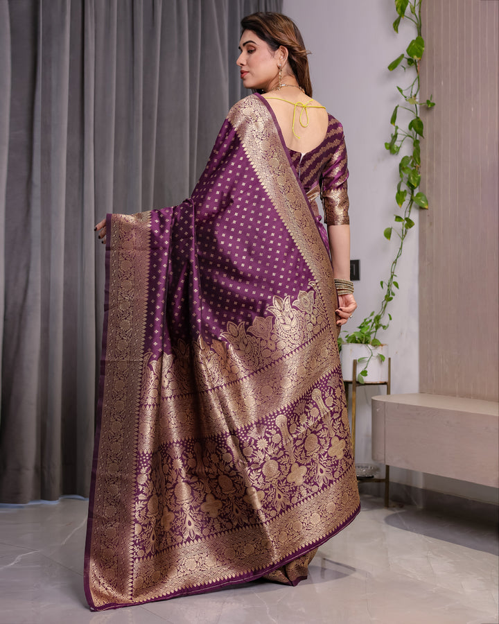 Royal Purple Pure Kanjivaram Silk Saree with Golden Zari Buttas & Rich Brocade Pallu | 5.5m Saree + 0.8m Designer Blouse Piece