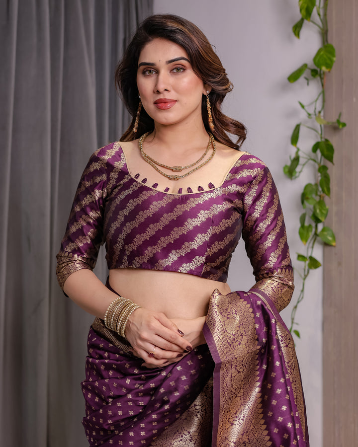 Royal Purple Pure Kanjivaram Silk Saree with Golden Zari Buttas & Rich Brocade Pallu | 5.5m Saree + 0.8m Designer Blouse Piece