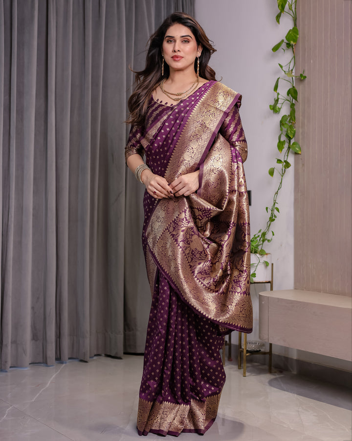 Royal Purple Pure Kanjivaram Silk Saree with Golden Zari Buttas & Rich Brocade Pallu | 5.5m Saree + 0.8m Designer Blouse Piece