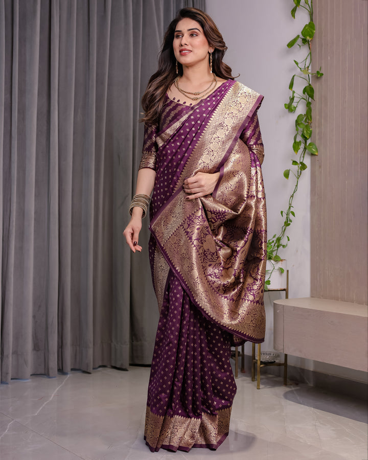 Royal Purple Pure Kanjivaram Silk Saree with Golden Zari Buttas & Rich Brocade Pallu | 5.5m Saree + 0.8m Designer Blouse Piece