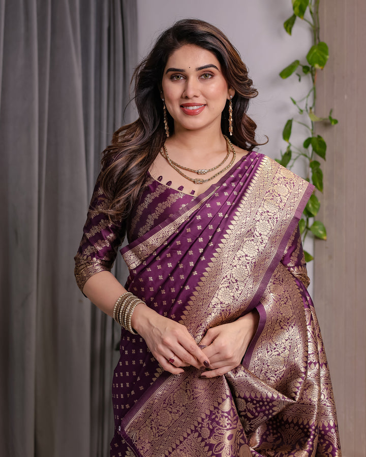 Royal Purple Pure Kanjivaram Silk Saree with Golden Zari Buttas & Rich Brocade Pallu | 5.5m Saree + 0.8m Designer Blouse Piece