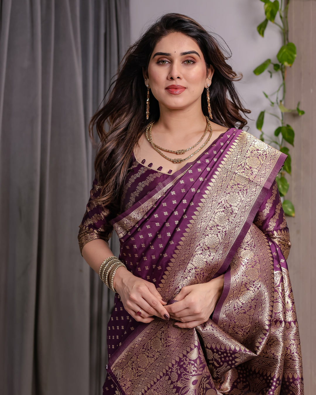Royal Purple Pure Kanjivaram Silk Saree with Golden Zari Buttas & Rich Brocade Pallu | 5.5m Saree + 0.8m Designer Blouse Piece