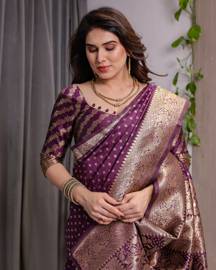 Royal Purple Pure Kanjivaram Silk Saree with Golden Zari Buttas & Rich Brocade Pallu | 5.5m Saree + 0.8m Designer Blouse Piece