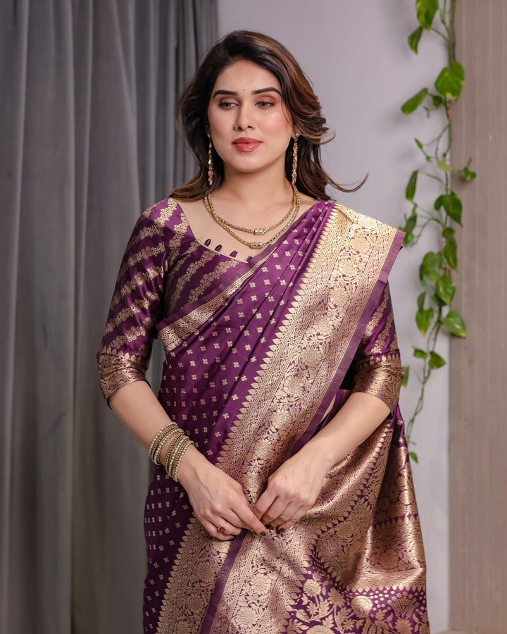Royal Purple Pure Kanjivaram Silk Saree with Golden Zari Buttas & Rich Brocade Pallu | 5.5m Saree + 0.8m Designer Blouse Piece
