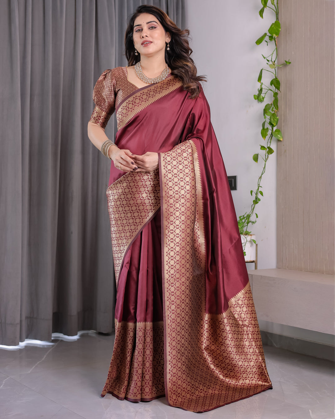 Wine Brown Pure Kanjivaram Silk Saree with Antique Gold Jacquard Border & Designer Blouse | 5.5m Saree + 0.8m Blouse Piece