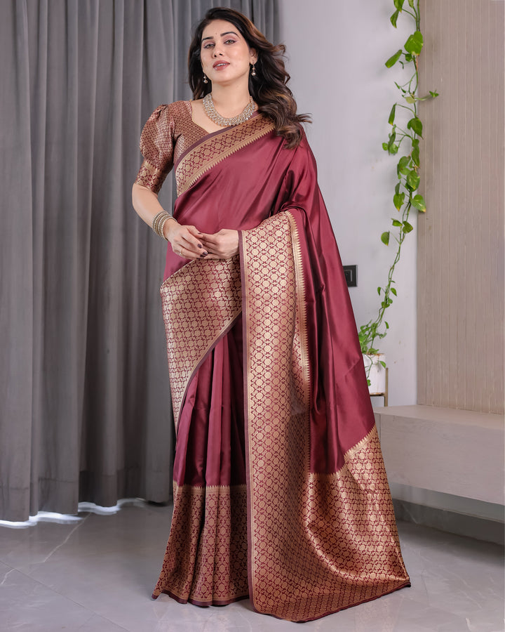 Wine Brown Pure Kanjivaram Silk Saree with Antique Gold Jacquard Border & Designer Blouse | 5.5m Saree + 0.8m Blouse Piece