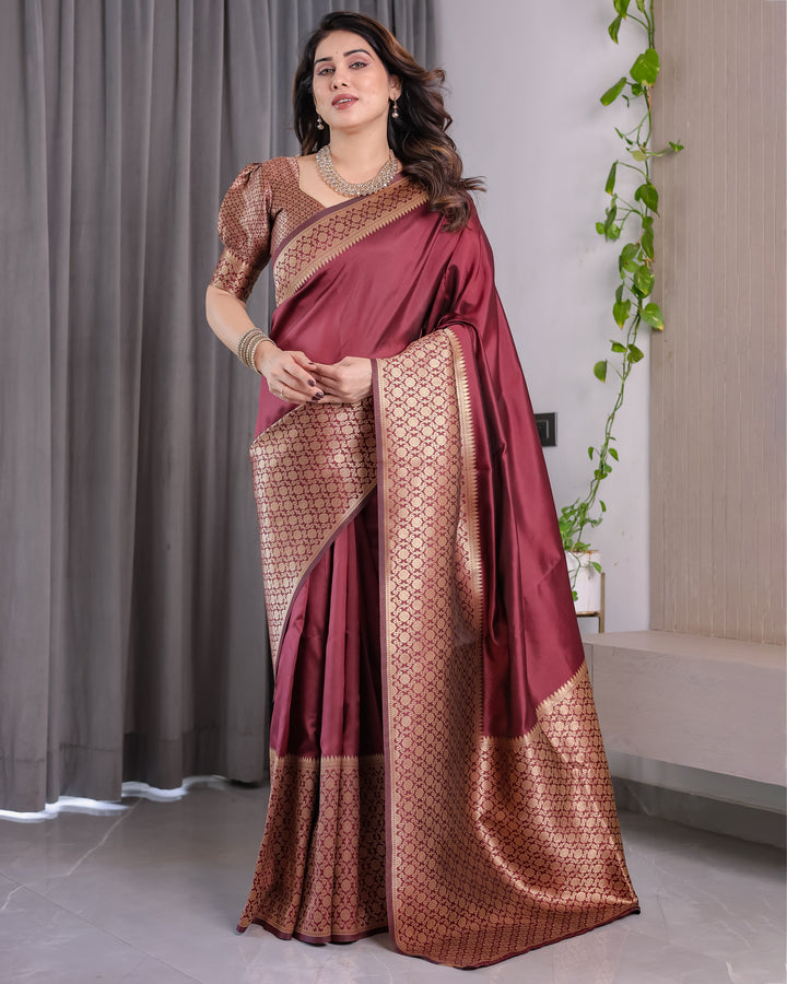 Wine Brown Pure Kanjivaram Silk Saree with Antique Gold Jacquard Border & Designer Blouse | 5.5m Saree + 0.8m Blouse Piece