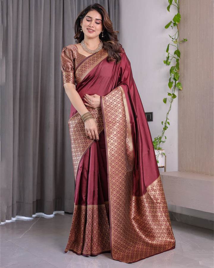 Wine Brown Pure Kanjivaram Silk Saree with Antique Gold Jacquard Border & Designer Blouse | 5.5m Saree + 0.8m Blouse Piece