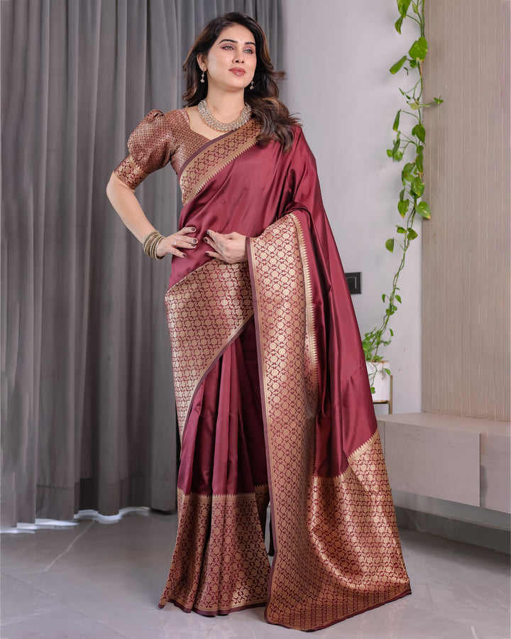 Wine Brown Pure Kanjivaram Silk Saree with Antique Gold Jacquard Border & Designer Blouse | 5.5m Saree + 0.8m Blouse Piece