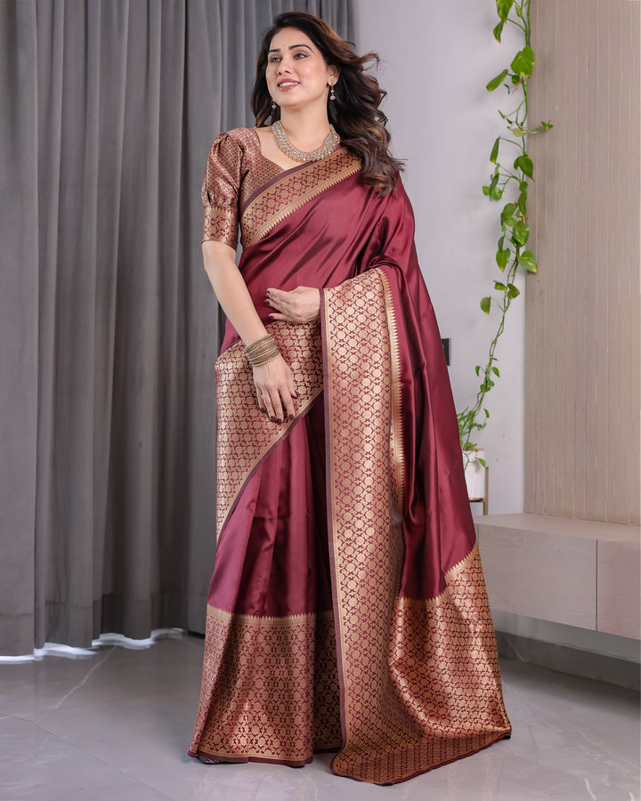 Wine Brown Pure Kanjivaram Silk Saree with Antique Gold Jacquard Border & Designer Blouse | 5.5m Saree + 0.8m Blouse Piece