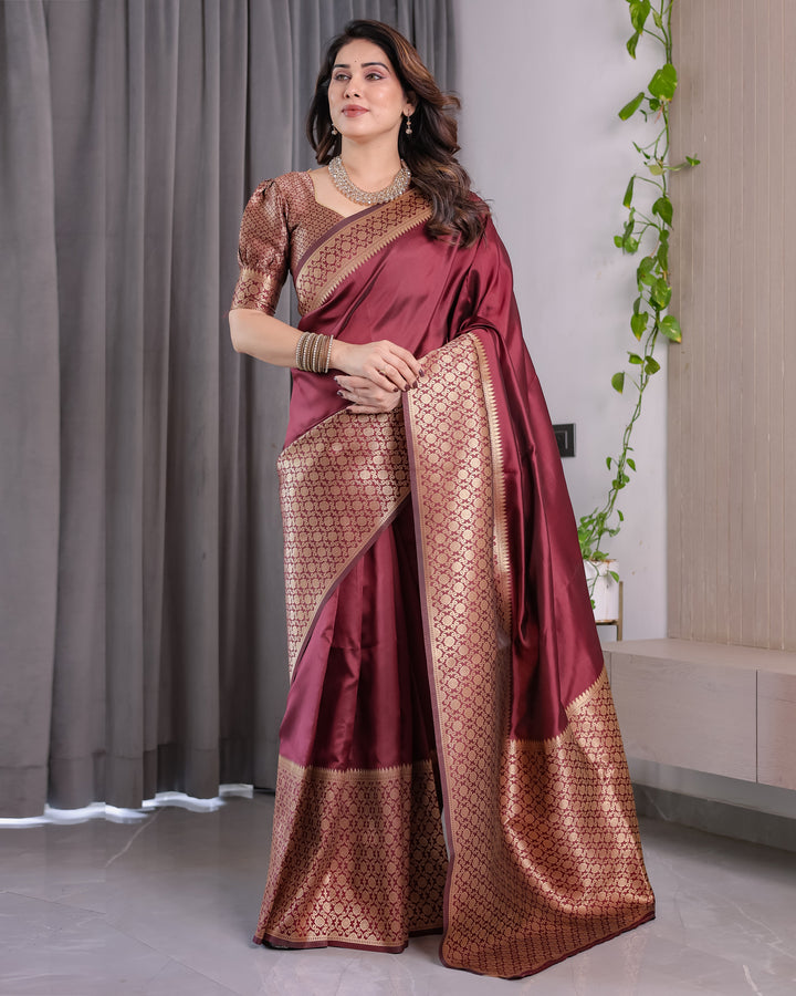 Wine Brown Pure Kanjivaram Silk Saree with Antique Gold Jacquard Border & Designer Blouse | 5.5m Saree + 0.8m Blouse Piece