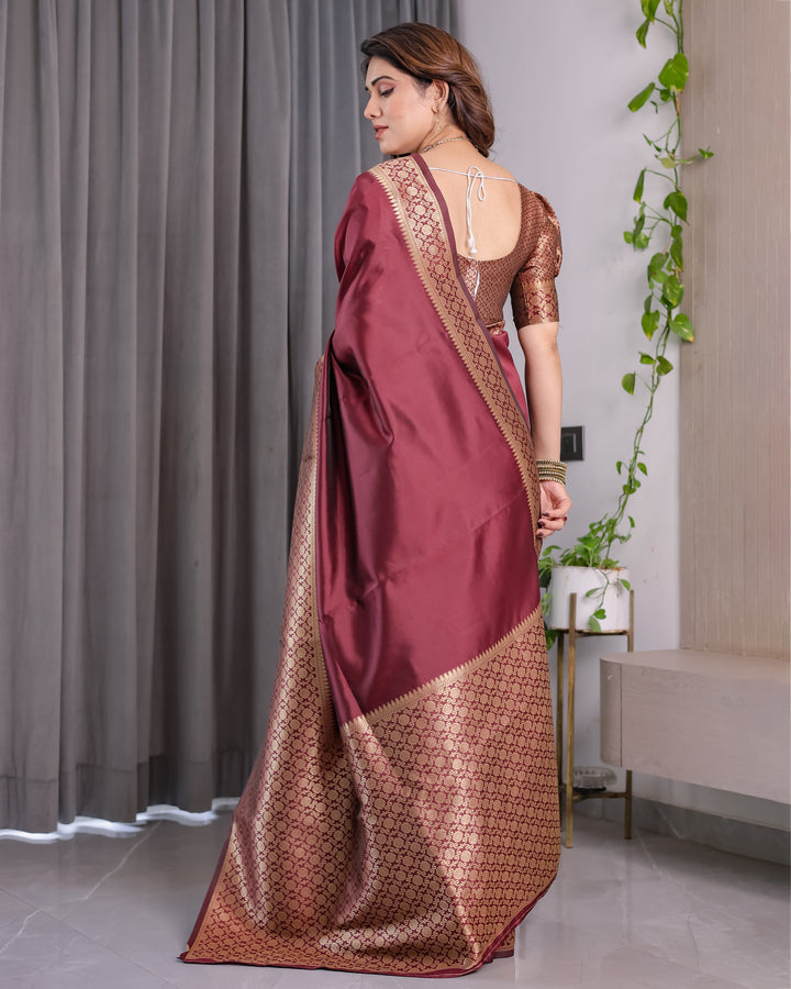 Wine Brown Pure Kanjivaram Silk Saree with Antique Gold Jacquard Border & Designer Blouse | 5.5m Saree + 0.8m Blouse Piece