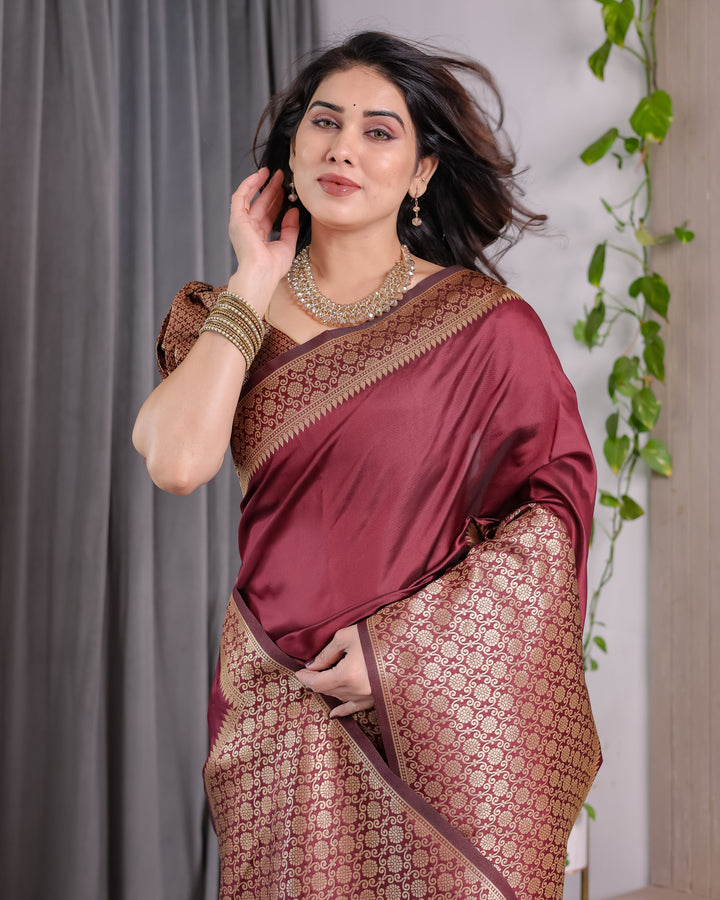 Wine Brown Pure Kanjivaram Silk Saree with Antique Gold Jacquard Border & Designer Blouse | 5.5m Saree + 0.8m Blouse Piece