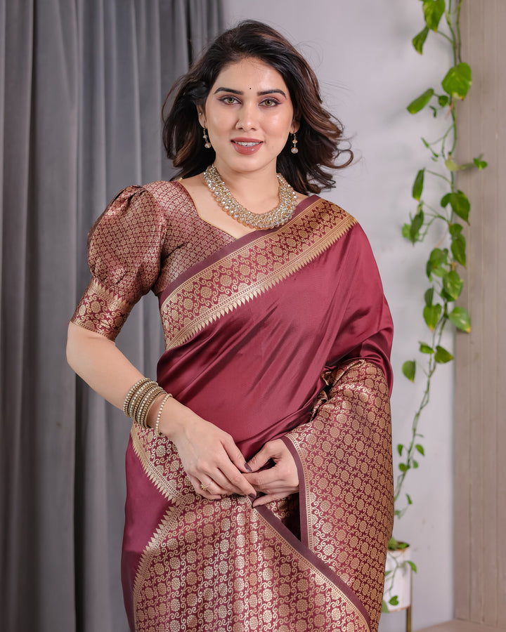 Wine Brown Pure Kanjivaram Silk Saree with Antique Gold Jacquard Border & Designer Blouse | 5.5m Saree + 0.8m Blouse Piece
