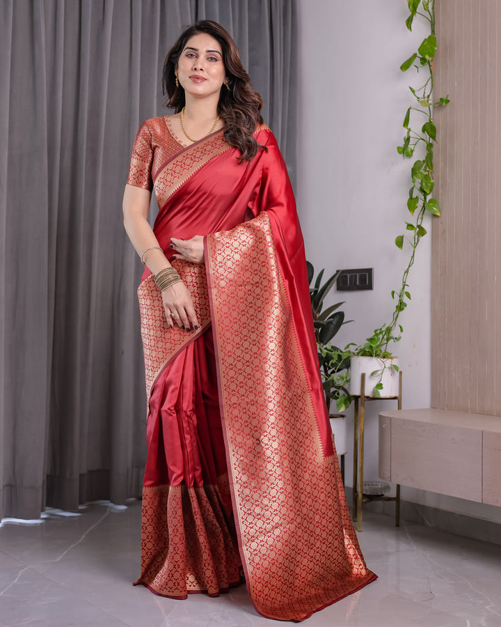 Brick Red Pure Kanjivaram Silk Saree with Golden Jacquard Weaving & Designer Blouse | 5.5m Saree + 0.8m Blouse Piece