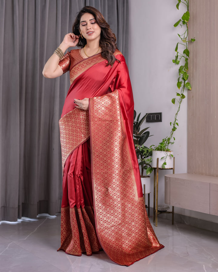 Brick Red Pure Kanjivaram Silk Saree with Golden Jacquard Weaving & Designer Blouse | 5.5m Saree + 0.8m Blouse Piece