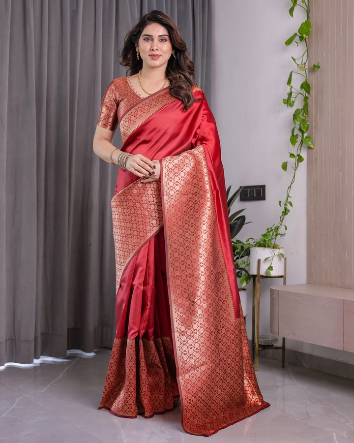 Brick Red Pure Kanjivaram Silk Saree with Golden Jacquard Weaving & Designer Blouse | 5.5m Saree + 0.8m Blouse Piece