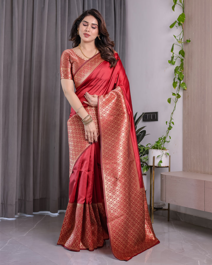 Brick Red Pure Kanjivaram Silk Saree with Golden Jacquard Weaving & Designer Blouse | 5.5m Saree + 0.8m Blouse Piece