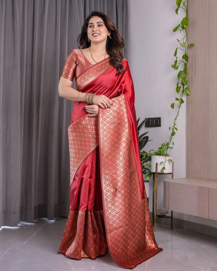 Brick Red Pure Kanjivaram Silk Saree with Golden Jacquard Weaving & Designer Blouse | 5.5m Saree + 0.8m Blouse Piece